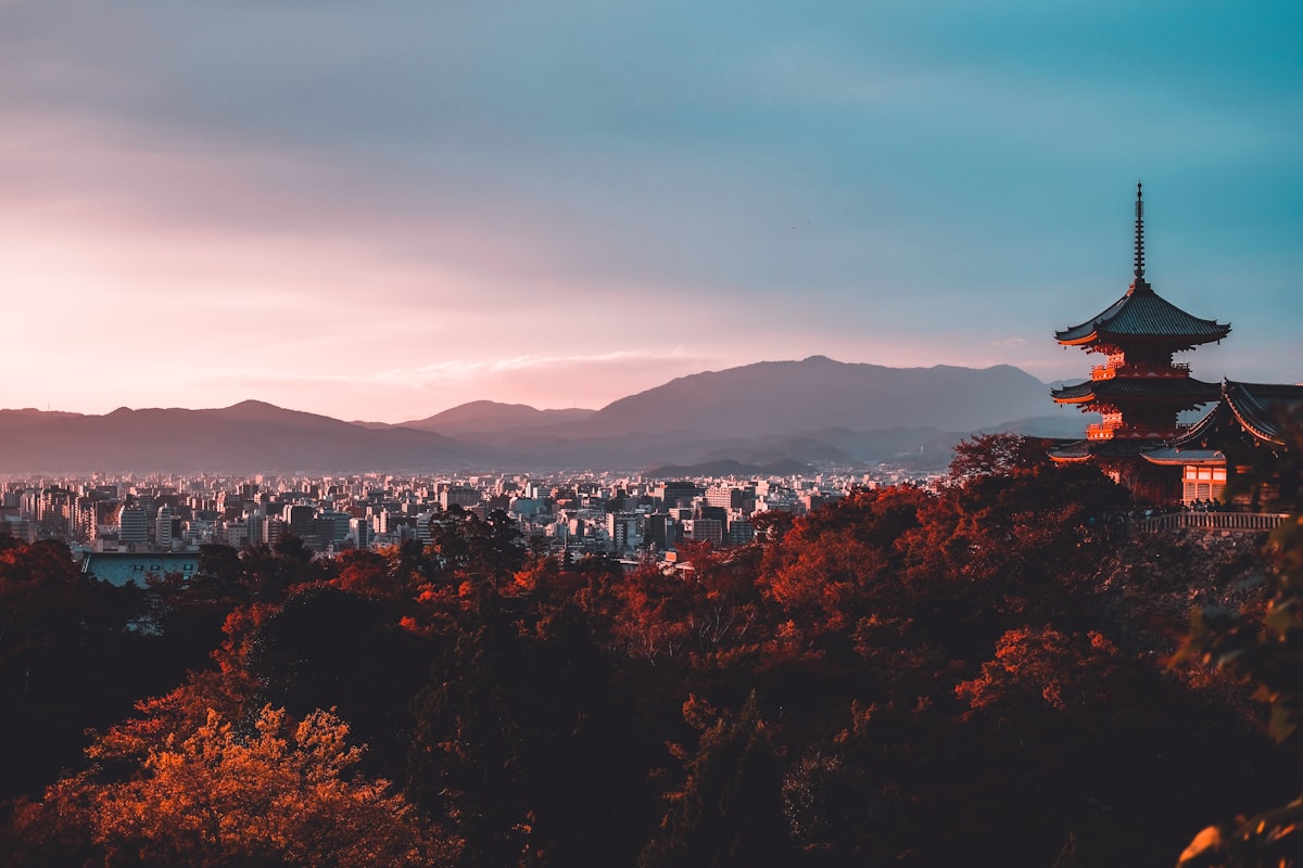 Templo japonés rodeado de cerezos en flor, Foto: Unsplash / @suganth